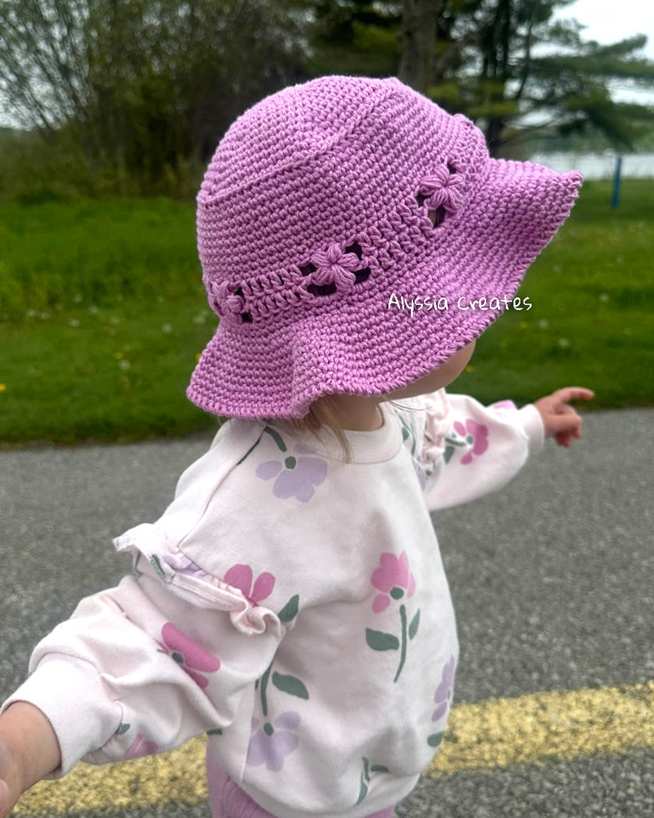 Puff Flower Bucket Hat Crochet PDF PATTERN | 4 sizes + 2 brim options!